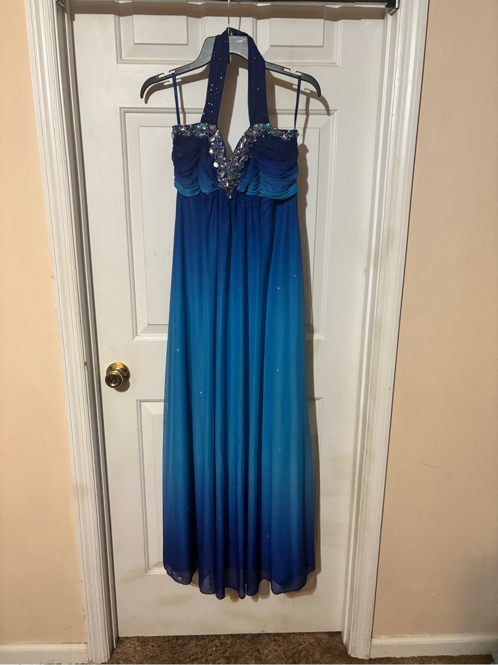 Ombre Blue Halter Evening Dress with Crystal Embellished Bodice